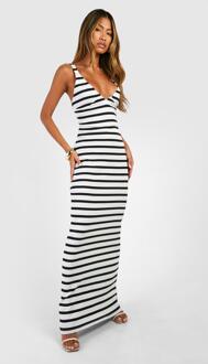 V Neck Plunge Stripe Maxi Dress, Black - 16