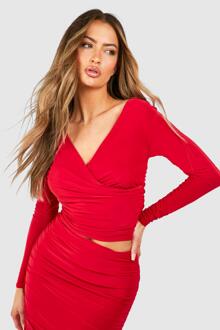 V Neck Ruched Slinky Long Sleeve Top, Red - 8