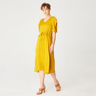 V-neckline midi-jurk met trekkoordriem Geel