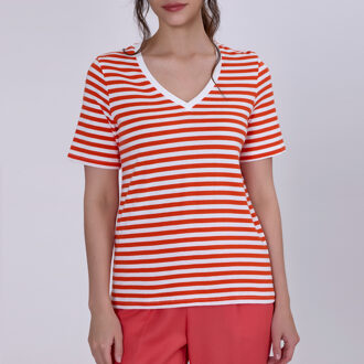V nekstrepen katoen t-shirt Koraal - S