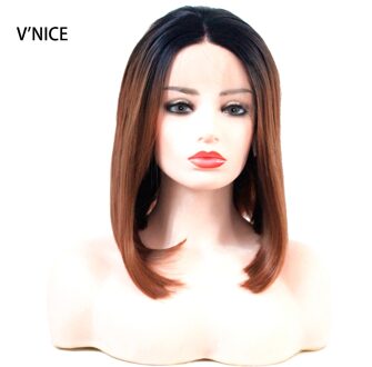 V'NICE 1b/30 Ombre Bruin Lijmloze Korte Bob Lace Front Pruiken 2 Tone Pruiken Hittebestendige Synthetische Haar Vervanging pruik voor Vrouwen 16 inches