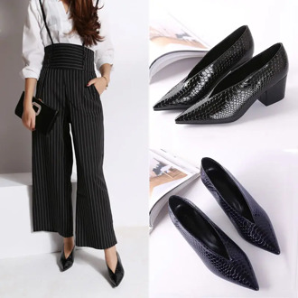 V Shape Mid Heels Woman Single Shoes Slip On Block Heel Grandma Shoes Patent Leather Footware for Office Lady Black Blue Red