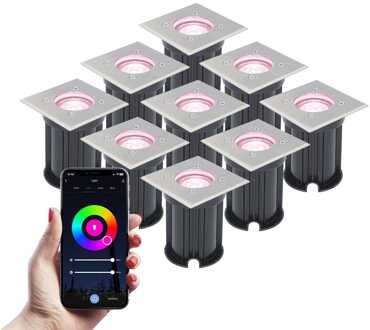 V-tac Set van 9 Smart Grondspots buiten - Vierkant - 5,5 Watt 345 lumen - RGBWW - Wifi + Bluetooth - Bestuurbaar via app - IP65 - Google Home, Amazon Alexa en Siri - RVS