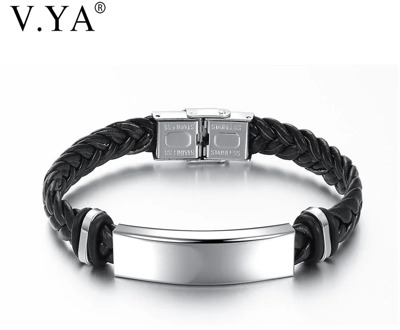 V.YA Men's Stainless Steel Leather Bracelet Customizable Diy Engraving Casual Personalized Bracelet Friends Gift