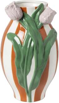 Vaas gestreept met tulp - oranje/groen/roze - ø15.6x28.5 cm