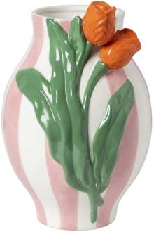 Vaas gestreept met tulp - roze/groen/oranje - ø16.6x24 cm