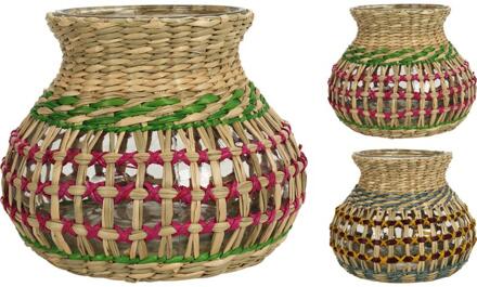 Vaas/windlicht met zeegras H15cm multi