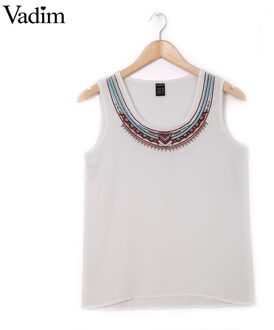 Vadim Mode Dames 'witte Borduurwerk blouses zoete vintage korte O hals mouwloos shirt toevallige slanke top WT75 XL