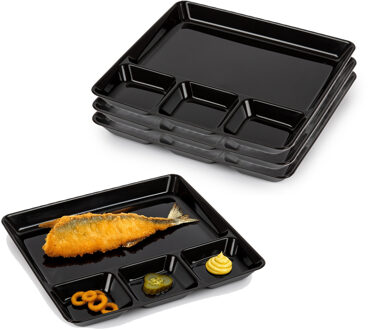 Vakjesborden - 12x stuks - zwart - gourmetbord - 4-vaks - kunststof - 26 x 24 cm
