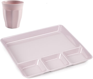 Vakjesborden 6x - met bekers 6x - roze - kunststof - gourmetborden - bbq servies