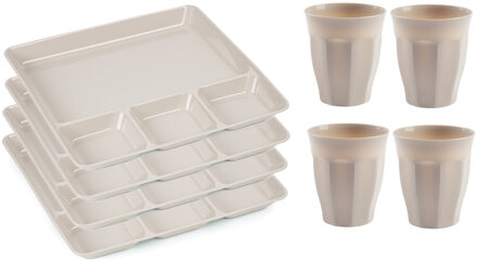 Vakjesborden 8x - met bekers 8x - beige - kunststof - gourmetborden - bbq servies