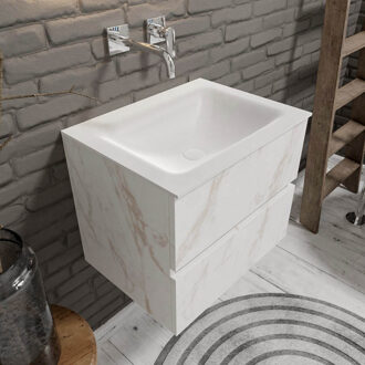 Valencia Solid Surface badkamermeubel 60cm wit marmer zonder kraangat met 2 lades