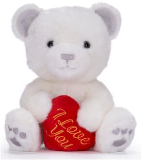 Valentijn I Love You knuffel beertje - zachte pluche - rood hartje - cadeau - 22 cm - wit - Knuffelberen