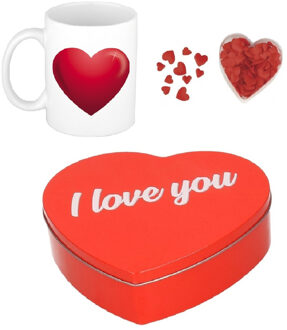 Valentijnsdag cadeau set koffie mok/beker Love hartje met deco strooi hartjes en cadeaublik