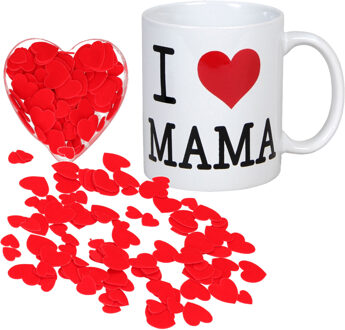 Valentijnsdag cadeau set koffie mok/beker Mama met deco strooi hartjes