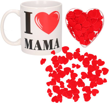 Valentijnsdag cadeau set koffie mok/beker Mama met deco strooi hartjes