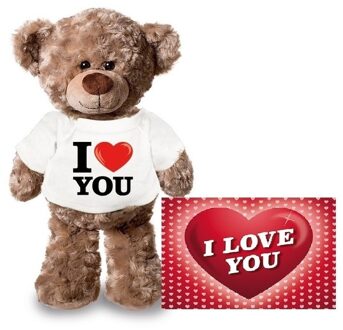 Valentijnskaart en knuffelbeer 24 cm met I love you shirt - Knuffelberen Bruin