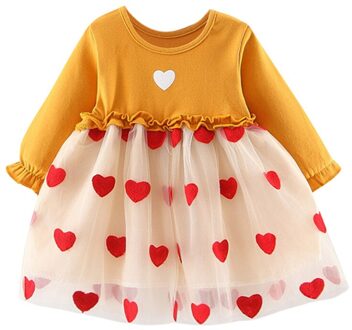 Valentine Peuter Baby Meisjes Liefde Hart Print Ruches Tule Jurk Baby Meisje Mesh Patchwork Schattige Prinses Mini Jurken Kleding Geel / 3T