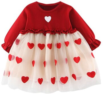 Valentine Peuter Baby Meisjes Liefde Hart Print Ruches Tule Jurk Baby Meisje Mesh Patchwork Schattige Prinses Mini Jurken Kleding Rood / 18m