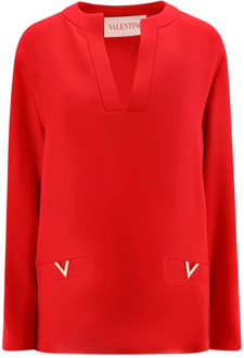 Valentino Rode Zijden V-Hals Shirt Aw24 Valentino , Red , Dames - L