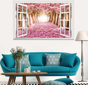 Valse venster landschap romantiek sakura muursticker PVC Materiaal 3D muur poster voor woonkamer slaapkamer wanddecoratie muurschilderingen