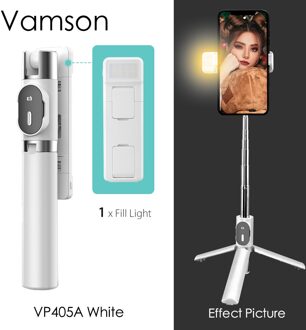 Vamson Met Draadloze Bluetooth Afstandsbediening En 3 Kleuren 9 Modi Dubbele Vulling Licht Opvouwbare Statief Selfie Stick Voor Iphone VP405 VP405A wit