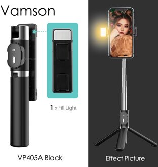 Vamson Met Draadloze Bluetooth Afstandsbediening En 3 Kleuren 9 Modi Dubbele Vulling Licht Opvouwbare Statief Selfie Stick Voor Iphone VP405 VP405A zwart