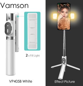 Vamson Met Draadloze Bluetooth Afstandsbediening En 3 Kleuren 9 Modi Dubbele Vulling Licht Opvouwbare Statief Selfie Stick Voor Iphone VP405 VP405B wit