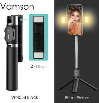 Vamson Met Draadloze Bluetooth Afstandsbediening En 3 Kleuren 9 Modi Dubbele Vulling Licht Opvouwbare Statief Selfie Stick Voor Iphone VP405 VP405B zwart