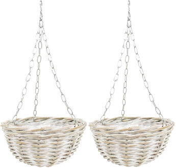 van der Leeden Hangmand - 2x - wit - D30 cm - rotan gevlochten - hangende plantenbak - aan ketting - hanging basket