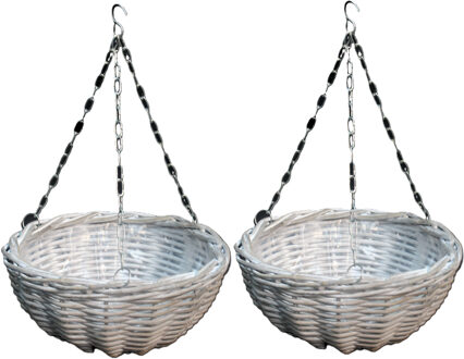 van der Leeden Hangmand - 2x - wit - D40 cm - wilg gevlochten - hangende plantenbak - aan ketting - plantenmand