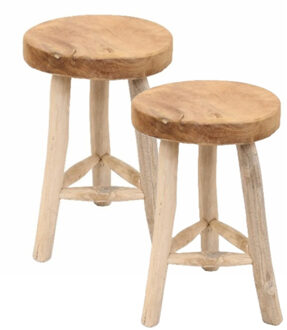 van der Leeden Houten kruk - 2x - D30 x H45 cm - naturel - teakhout - zitkrukje - krukjes