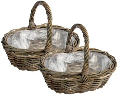 van der Leeden Mand met hengsel - 2x - bruin - 36 x 28 x 14 cm - rotan - gevlochten riet - hengselmand