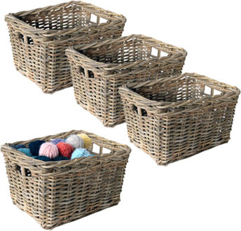 van der Leeden Opbergmand - 4x - bruin - 34 x 24 x 20 cm - rotan - gevlochten riet - mand - opbergen