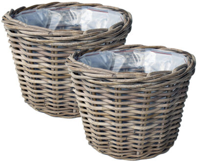 van der Leeden Planten of bloemen mand - 2x - rond - rotan - gevlochten riet - D25 x H22 cm - bloempot