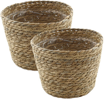 van der Leeden VD Leeden Planten of bloemen mand - 2x - rond - zeegras gevlochten - D18 x H15 cm - bloempot