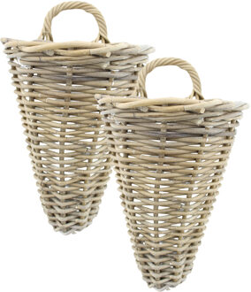 van der Leeden Wandhanger mand - 2x - bruin - 25 x 22 x 32 cm - rotan - gevlochten - voor bloemen/planten