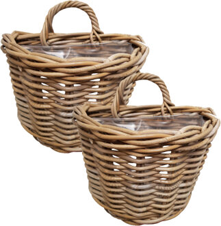 van der Leeden Wandhanger mand - 2x - bruin - 29 x 18 x 20 cm - rotan - gevlochten - voor bloemen/planten