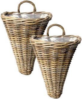 van der Leeden Wandhanger mand - 2x - bruin - 30 x 26 x 37 cm - rotan - gevlochten - voor bloemen/planten