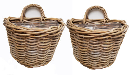 van der Leeden Wandhanger mand - 2x - bruin - 38 x 24 x 25 cm - rotan - gevlochten - voor bloemen/planten