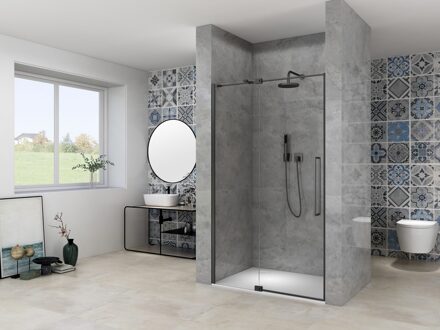 van Rijn Nisdeur Van Rijn Products ST08 Draaideur 2-Delig 120x200 cm 8 mm Helder Glas Incl. Muurprofiel, Greep en Stabilisatiestang Mat Zwart