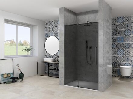 van Rijn Nisdeur Van Rijn Products ST08 Draaideur 2-Delig 120x200 cm 8 mm Rookglas Incl. Muurprofiel, Greep en Stabilisatiestang Mat Zwart