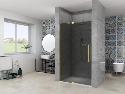 van Rijn Nisdeur Van Rijn Products ST08 Draaideur 2-Delig 140x200 cm 8 mm Rookglas Incl. Muurprofiel, Greep en Stabilisatiestang Mat Messing