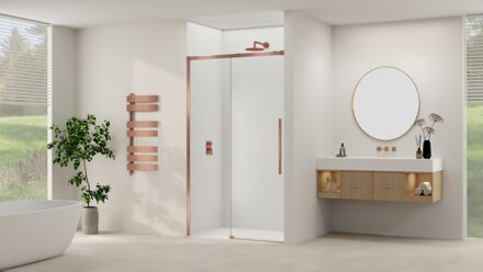 van Rijn Schuifdeur Van Rijn Products ST09 Aan Vast Deel 160x200 cm 8 mm Helder Glas Softclose Incl. Beslag en Greep Geborsteld Koper