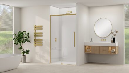 van Rijn Schuifdeur Van Rijn Products ST09 Aan Vast Deel 160x200 cm 8 mm Helder Glas Softclose Incl. Beslag en Greep Geborsteld Messing