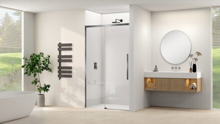 van Rijn Schuifdeur Van Rijn Products ST09 Aan Vast Deel 180x200 cm 8 mm Helder Glas Softclose Incl. Beslag en Greep Geborsteld Gunmetal