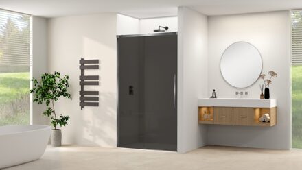 van Rijn Schuifdeur Van Rijn Products ST09 Aan Vast Deel 180x200 cm 8 mm Rookglas Softclose Incl. Beslag Geborsteld Gunmetal