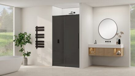 van Rijn Schuifdeur Van Rijn Products ST09 Aan Vast Deel 180x200 cm 8 mm Rookglas Softclose Incl. Beslag Mat Zwart