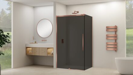 van Rijn Schuifdeur Van Rijn Products ST09 Voor Hoekcabine 120x200 cm 8 mm Rookglas Softclose Incl. Beslag en Greep Geborsteld Koper