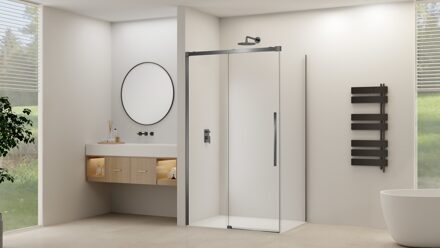 van Rijn Schuifdeur Van Rijn Products ST09 Voor Hoekcabine 180x200 cm 8 mm Helder Glas Softclose Incl. Beslag Geborsteld Gunmetal